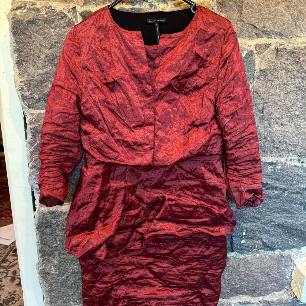 Sarah Pacini cranberry red sleeveless dress with bolero jacket